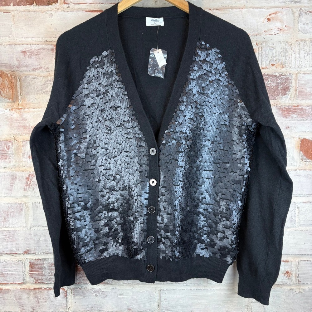 NWT Madewell Wallace Black Matte Sequin Button Front Cardigan L